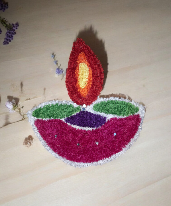 1 Feet Handmade Diya Rangoli Mat with Mirror Work – Festive Woolen Floor Decoration