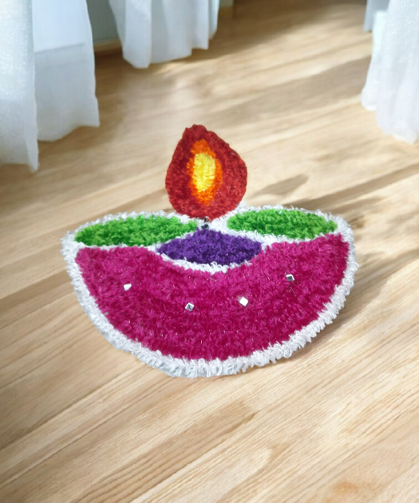 1 Feet Handmade Diya Rangoli Mat with Mirror Work – Festive Woolen Floor Decoration