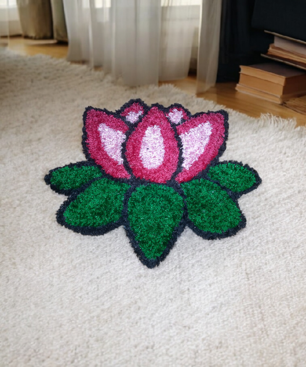 1 Feet Handmade Lotus Design Woolen Rangoli Mat – Festive Floor Decoration for Home & Pooja Room
