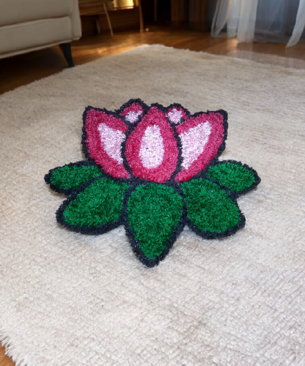 1 Feet Handmade Lotus Design Woolen Rangoli Mat – Festive Floor Decoration for Home & Pooja Room
