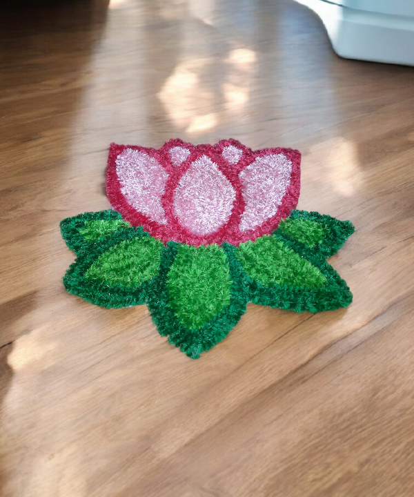 1 Feet Handmade Lotus Design Woolen Rangoli Mat – Festive Floor Decoration for Home & Pooja Room