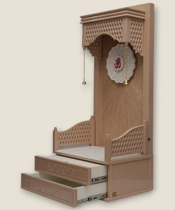 Handcrafted Wooden Pooja Mandir with Bells, Drawers & Om Back Panel | Home Temple for Prayer & Meditation (Beige Finish)