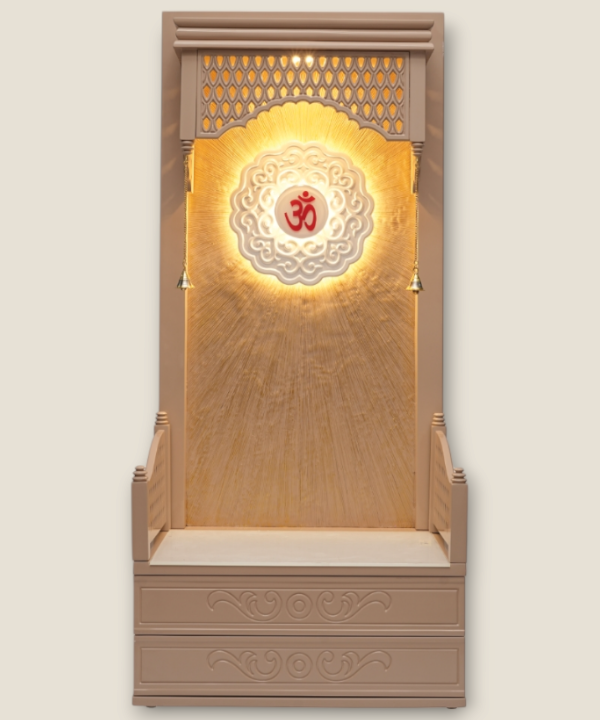 Handcrafted Wooden Pooja Mandir with Bells, Drawers & Om Back Panel | Home Temple for Prayer & Meditation (Beige Finish)