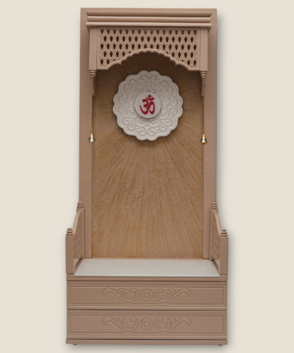 Handcrafted Wooden Pooja Mandir with Bells, Drawers & Om Back Panel | Home Temple for Prayer & Meditation (Beige Finish)