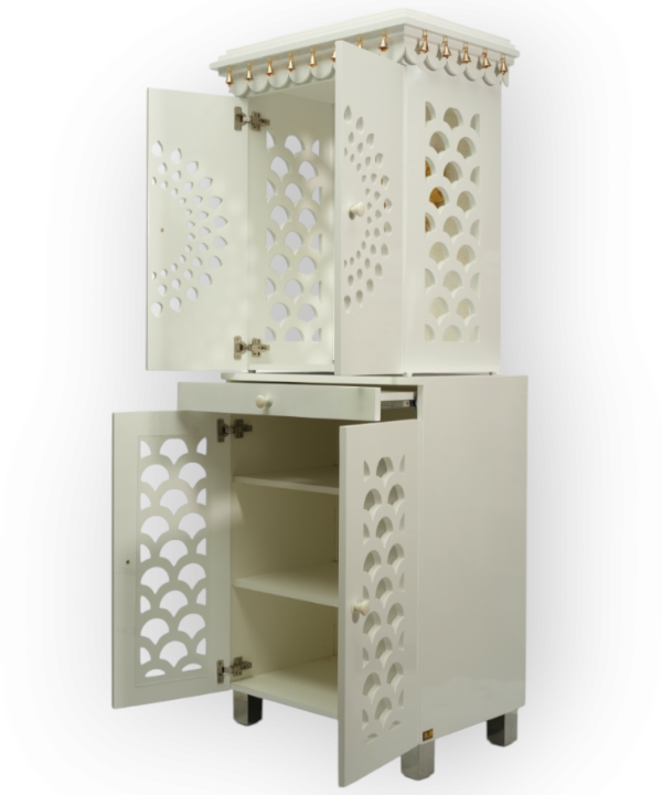 White Wooden Temple for Home with Bells & Storage | Elegant Pooja Mandir with Lights & Carved Doors