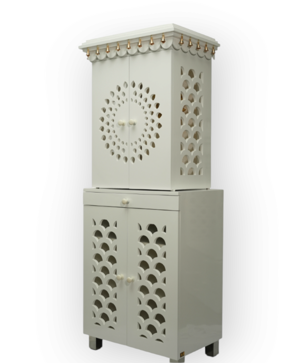 White Wooden Temple for Home with Bells & Storage | Elegant Pooja Mandir with Lights & Carved Doors