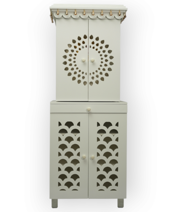 White Wooden Temple for Home with Bells & Storage | Elegant Pooja Mandir with Lights & Carved Doors