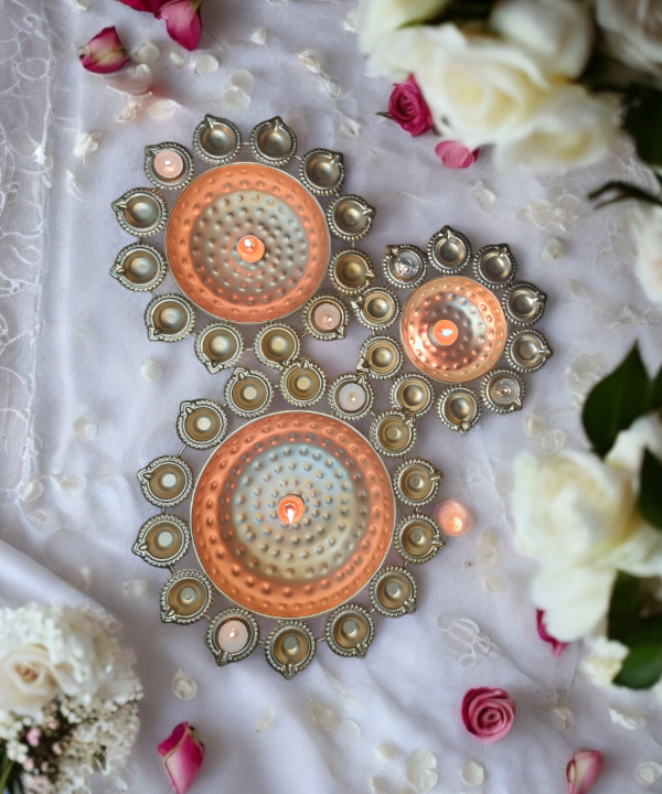 Urli Diya, 3pcs, Urli Bowl, Diwali Decor Lotus Urli, Diwali Diya, Golden Candle Holder, Tealight Candle Holder, Pooja Diya Urli 12" 14" 16"