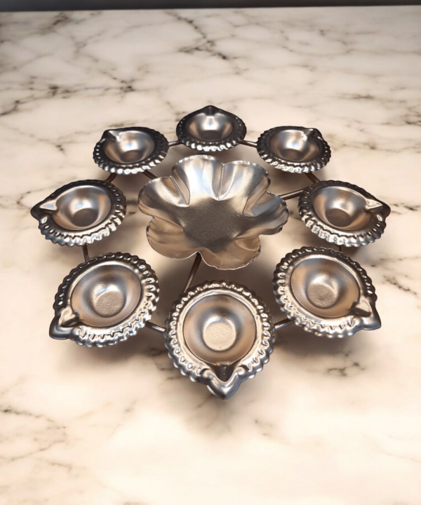 Metal Urli Bowl with 6 Diyas for Floating Flowers & Tea Light Candles – Perfect for Home, Office, and Table Decor, Diwali & Christmas Decorations ( 8-Inch )