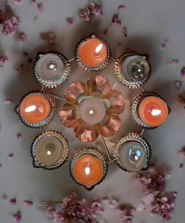 Metal Urli Bowl with 6 Diyas for Floating Flowers & Tea Light Candles – Perfect for Home, Office, and Table Decor, Diwali & Christmas Decorations ( 8-Inch )