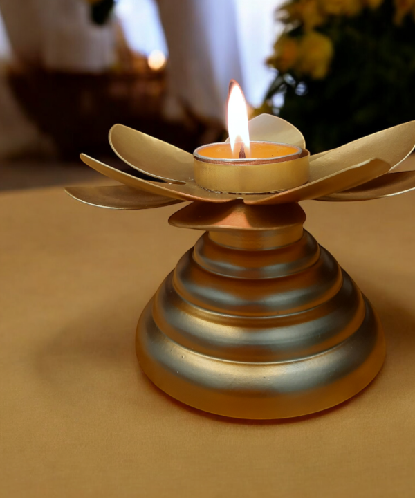 Metal Lotus Golden Candle Holder, Lotus Flower Design Tabletop Decor for Diwali, Weddings & Home, Elegant Tea Light Holder with Glossy Finish