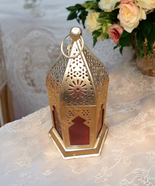 Metal & Glass Lantern, Little Moroccan Lantern, Mini Glass Lantern -Red Color