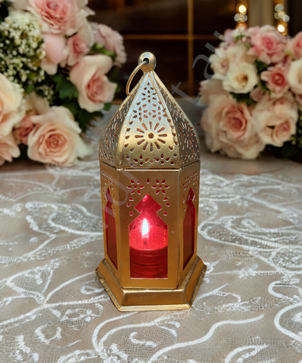 Metal & Glass Lantern, Little Moroccan Lantern, Mini Glass Lantern -Red Color