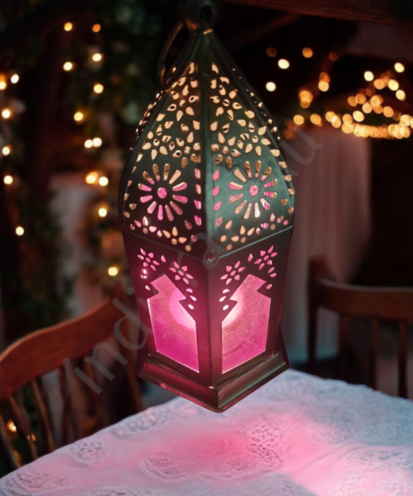 Metal & Glass Lantern, Little Moroccan Lantern, Mini Glass Lantern -Red Color