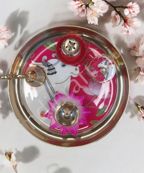 Metal Pichwai Pooja Thali With Diya,Bell,Incense Holder,Kumkum container, For Puja(Pink)