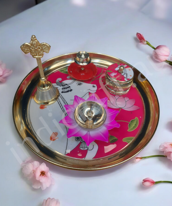 Metal Pichwai Pooja Thali With Diya,Bell,Incense Holder,Kumkum container, For Puja(Pink)