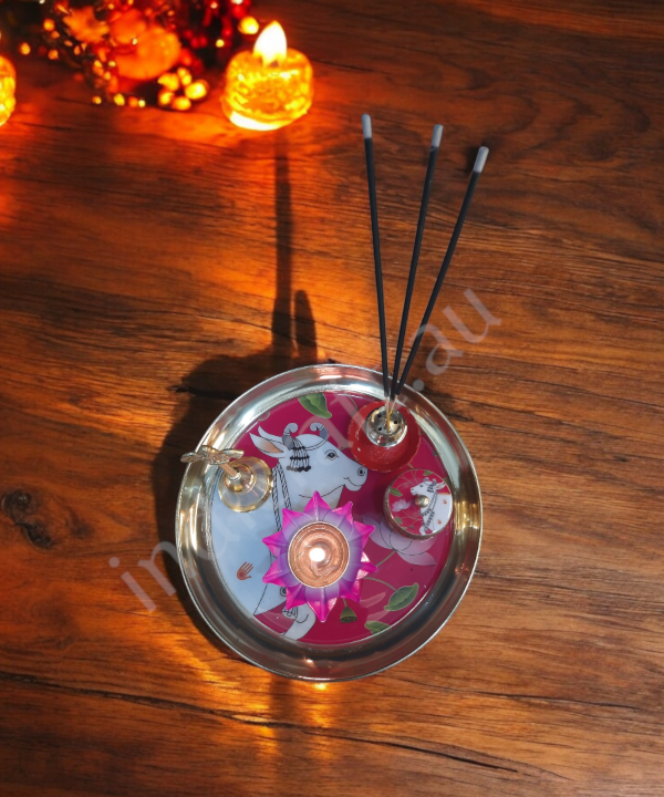 Metal Pichwai Pooja Thali With Diya,Bell,Incense Holder,Kumkum container, For Puja(Pink)