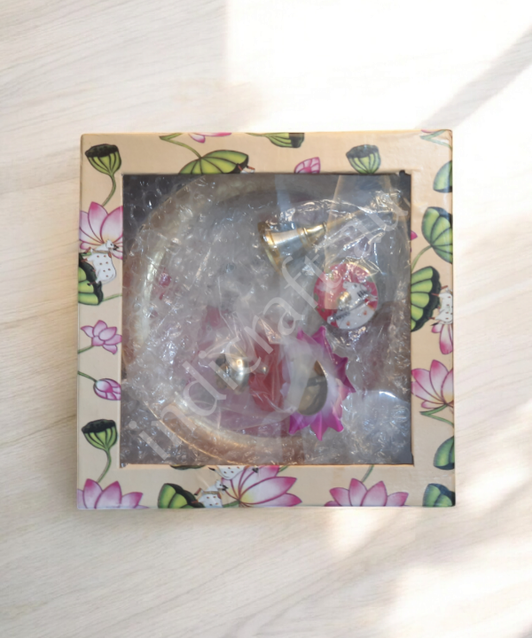Metal Pichwai Pooja Thali With Diya,Bell,Incense Holder,Kumkum container, For Puja(Pink)