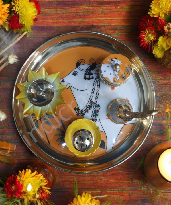 Metal Pichwai Pooja Thali With Diya,Bell,Incense Holder,Kumkum container, For Puja(Yellow)