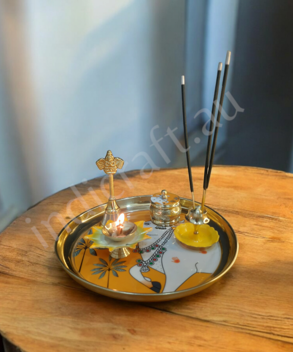 Metal Pichwai Pooja Thali With Diya,Bell,Incense Holder,Kumkum container, For Puja(Yellow)