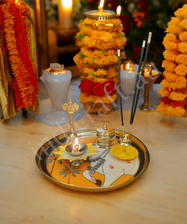 Metal Pichwai Pooja Thali With Diya,Bell,Incense Holder,Kumkum container, For Puja(Yellow)