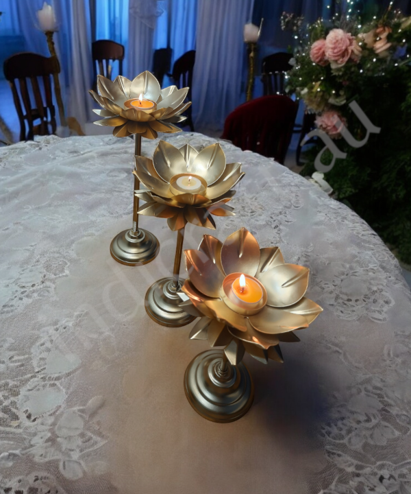 3pc Lotus Tabletop Metal Candle Holder with Golden Accents - Elegant Flower Design