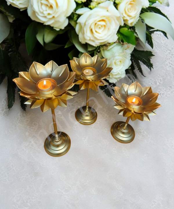 3pc Lotus Tabletop Metal Candle Holder with Golden Accents - Elegant Flower Design