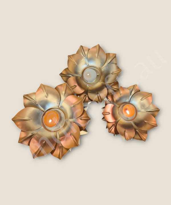 3pc Lotus Tabletop Metal Candle Holder with Golden Accents - Elegant Flower Design