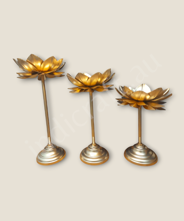3pc Lotus Tabletop Metal Candle Holder with Golden Accents - Elegant Flower Design