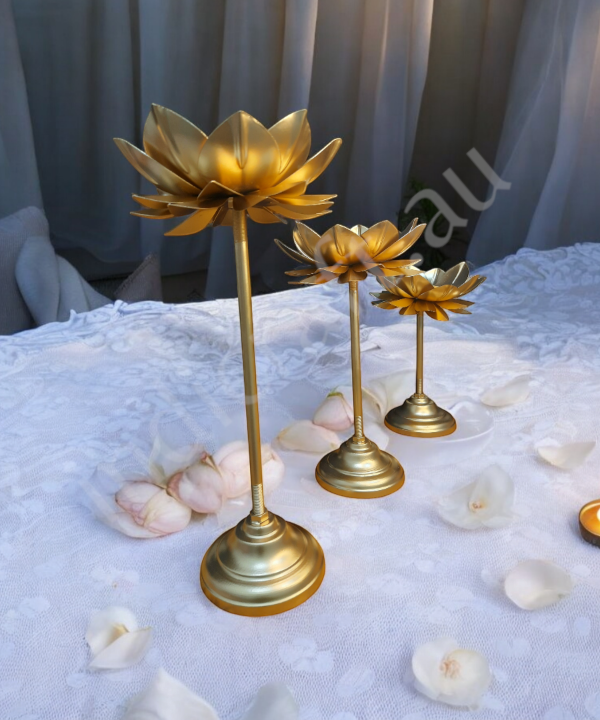 3pc Lotus Tabletop Metal Candle Holder with Golden Accents - Elegant Flower Design