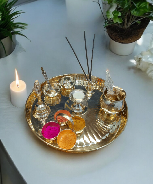 10 pc 12"Brass Pooja Thali Set, Traditional Puja Plate for Daily Rituals & Festive Use