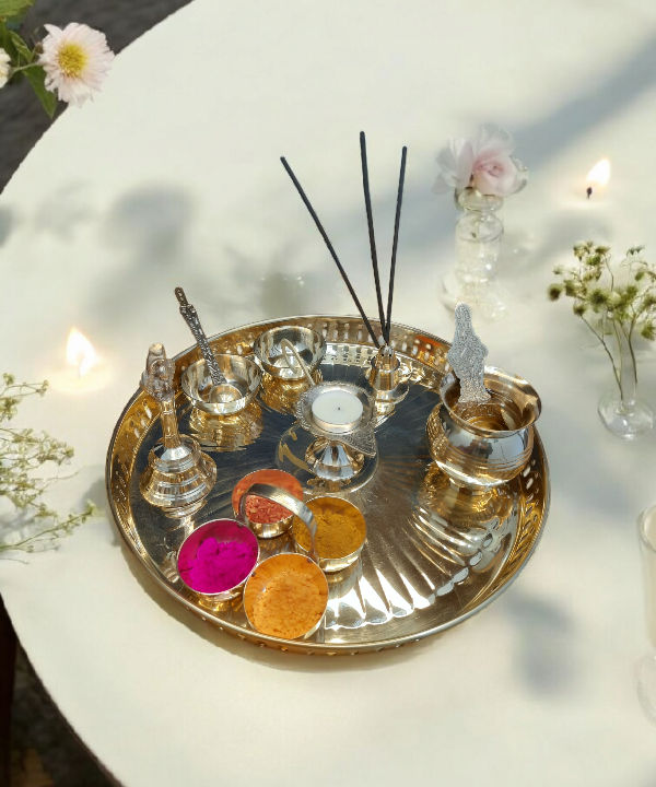 10 pc 12"Brass Pooja Thali Set, Traditional Puja Plate for Daily Rituals & Festive Use