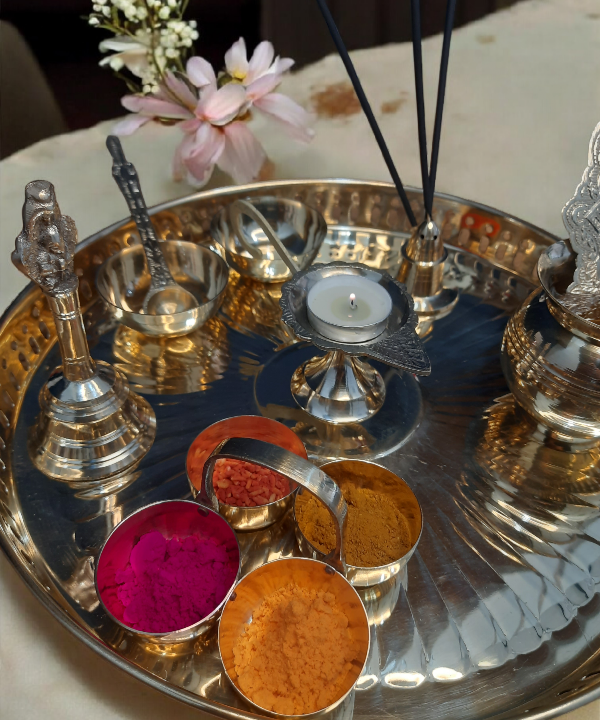 10 pc 12"Brass Pooja Thali Set, Traditional Puja Plate for Daily Rituals & Festive Use