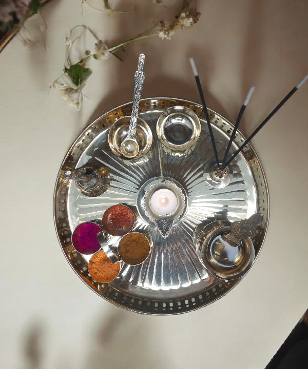 10 pc 12"Brass Pooja Thali Set, Traditional Puja Plate for Daily Rituals & Festive Use