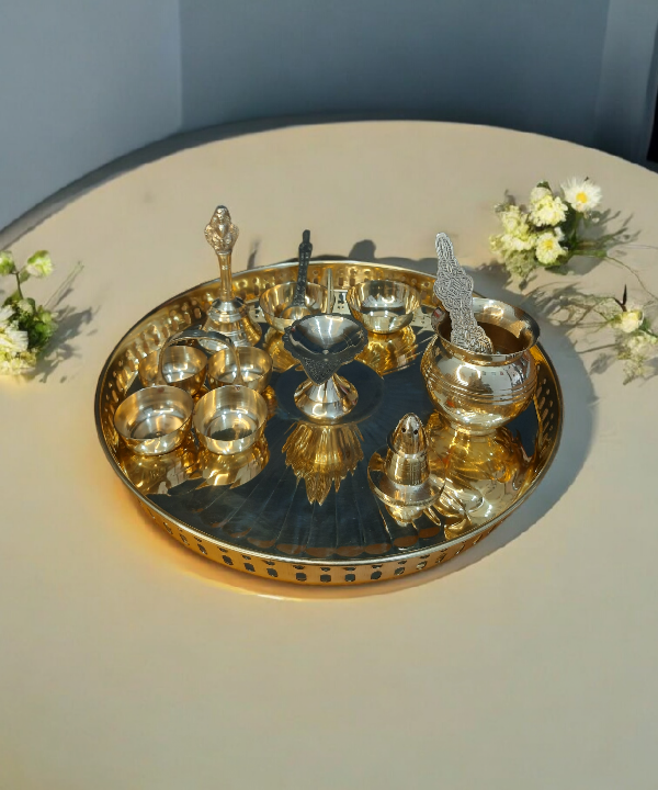 10 pc 12"Brass Pooja Thali Set, Traditional Puja Plate for Daily Rituals & Festive Use