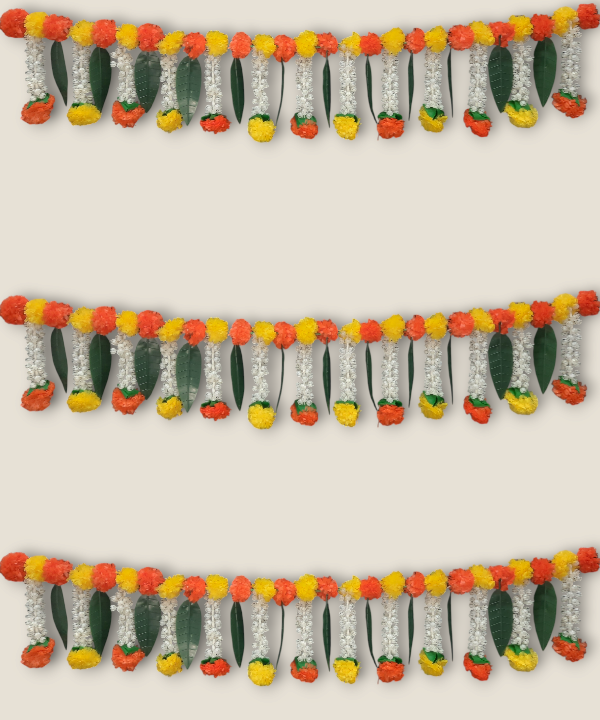 1Pc Artificial Marigold and Jasmine Toran with Mango Leaves, Door Hanging Decoration