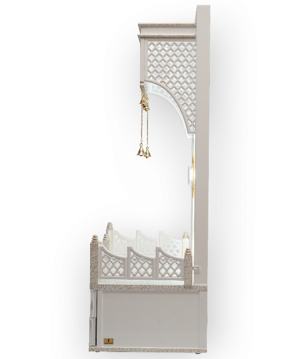 Traditional White Wooden Floor Standing Pooja Mandir with Bell Décor and Floral OM Back Panel – Temple for Home