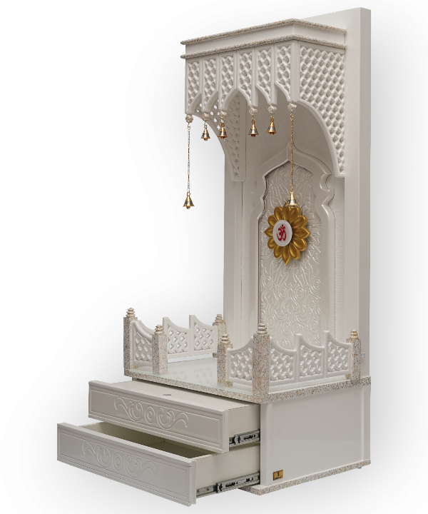 Traditional White Wooden Floor Standing Pooja Mandir with Bell Décor and Floral OM Back Panel – Temple for Home