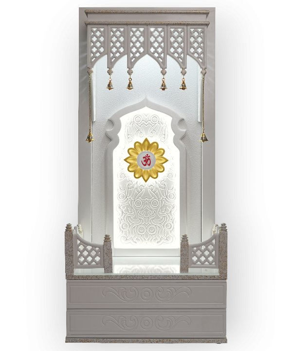 Traditional White Wooden Floor Standing Pooja Mandir with Bell Décor and Floral OM Back Panel – Temple for Home