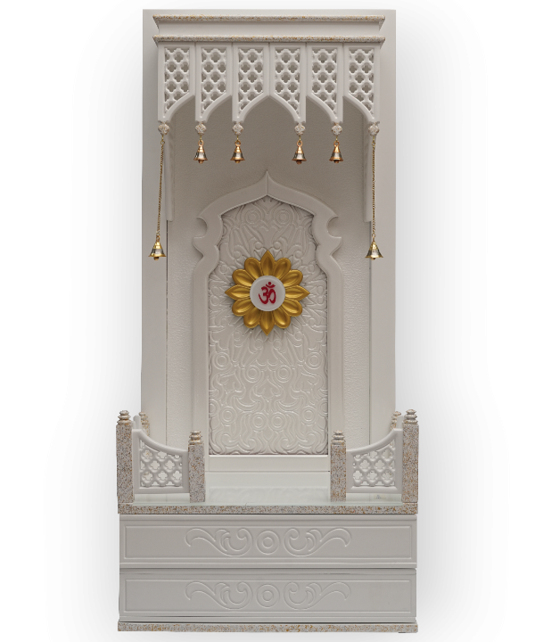 Traditional White Wooden Floor Standing Pooja Mandir with Bell Décor and Floral OM Back Panel – Temple for Home