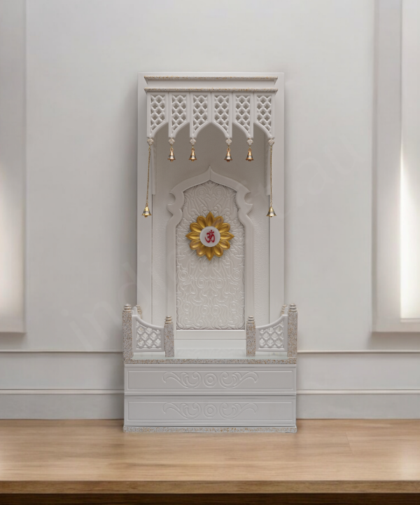 Traditional White Wooden Floor Standing Pooja Mandir with Bell Décor and Floral OM Back Panel – Temple for Home