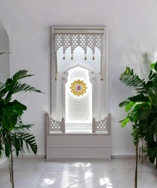 Traditional White Wooden Floor Standing Pooja Mandir with Bell Décor and Floral OM Back Panel – Temple for Home