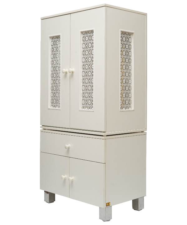 Elegant White Wooden Pooja Mandir with LED Backlight and OM Design – Floor Standing Temple for Home