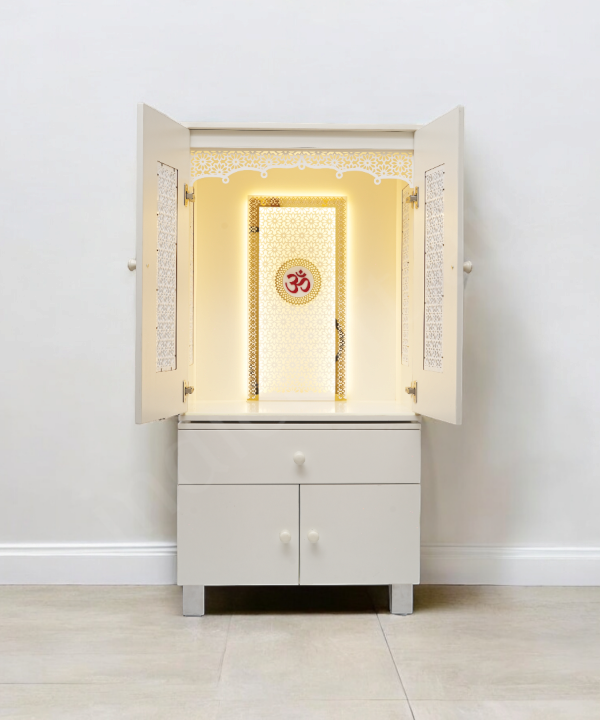 Elegant White Wooden Pooja Mandir with LED Backlight and OM Design – Floor Standing Temple for Home