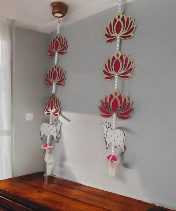 1 Pair Handmade Pichwai Cow and Lotus Wall Hanging for Decoration, Diwali Decoration, Floral Decoration