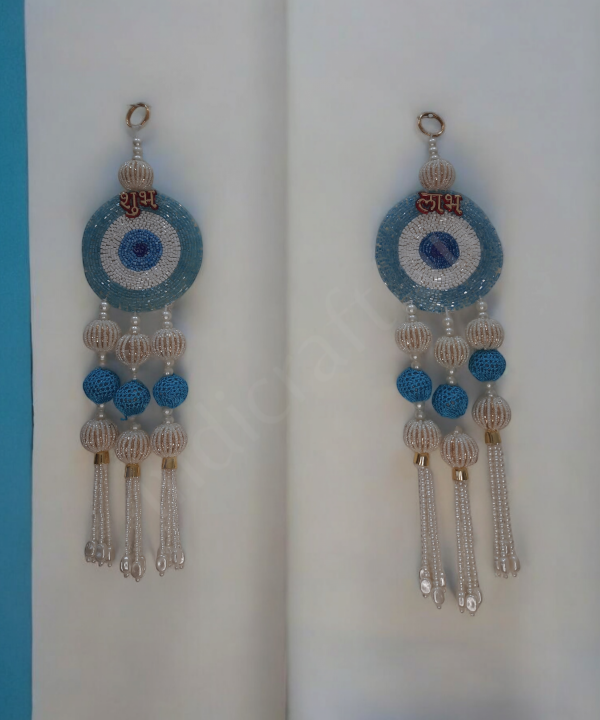 1 Pair Shubh Labh Beaded Wall Hanging – Decorative Blue & White Pearl Bead Strings 1 Pair for Home & Pooja Room (Set Of 2)