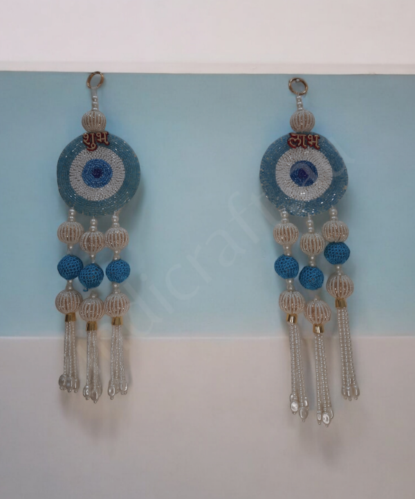 1 Pair Shubh Labh Beaded Wall Hanging – Decorative Blue & White Pearl Bead Strings 1 Pair for Home & Pooja Room (Set Of 2)