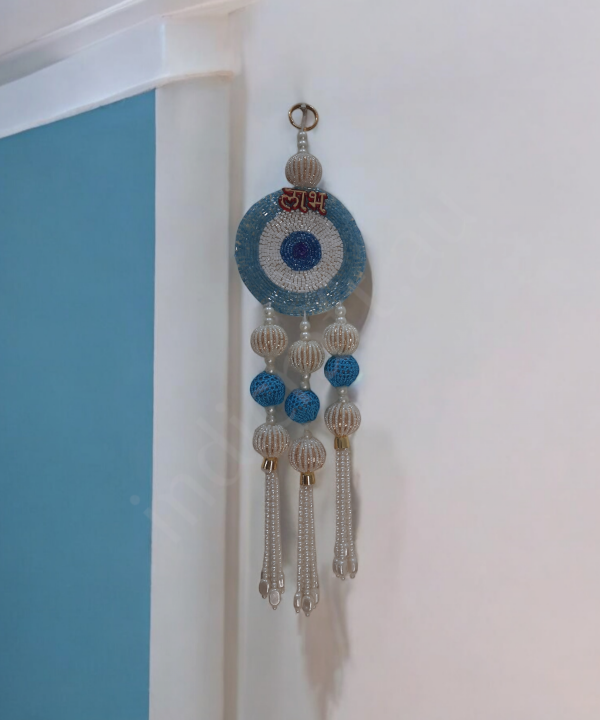1 Pair Shubh Labh Beaded Wall Hanging – Decorative Blue & White Pearl Bead Strings 1 Pair for Home & Pooja Room (Set Of 2)