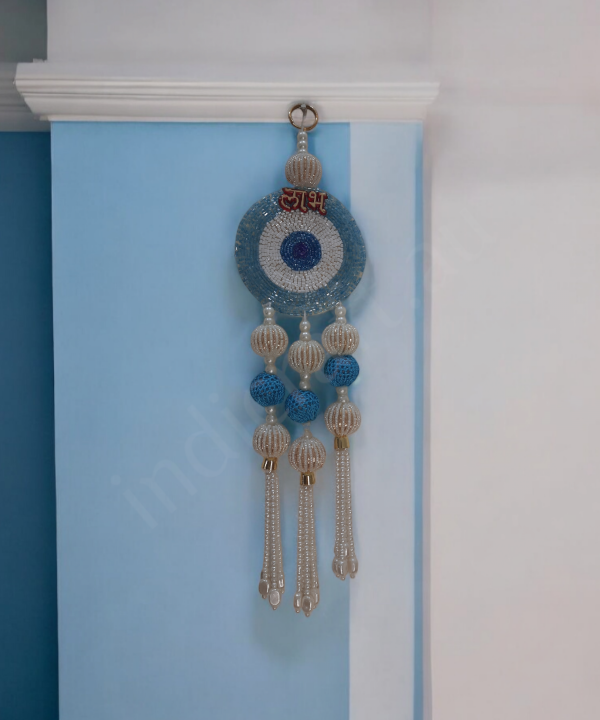 1 Pair Shubh Labh Beaded Wall Hanging – Decorative Blue & White Pearl Bead Strings 1 Pair for Home & Pooja Room (Set Of 2)