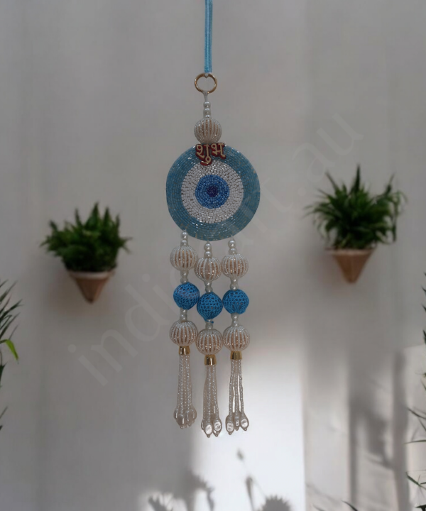 1 Pair Shubh Labh Beaded Wall Hanging – Decorative Blue & White Pearl Bead Strings 1 Pair for Home & Pooja Room (Set Of 2)